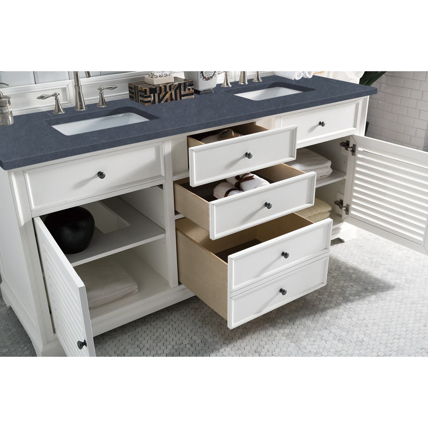 James Martin Vanities Savannah 72" Bright White Double Vanity Cabinet With 3cm Charcoal Soapstone Quartz Top