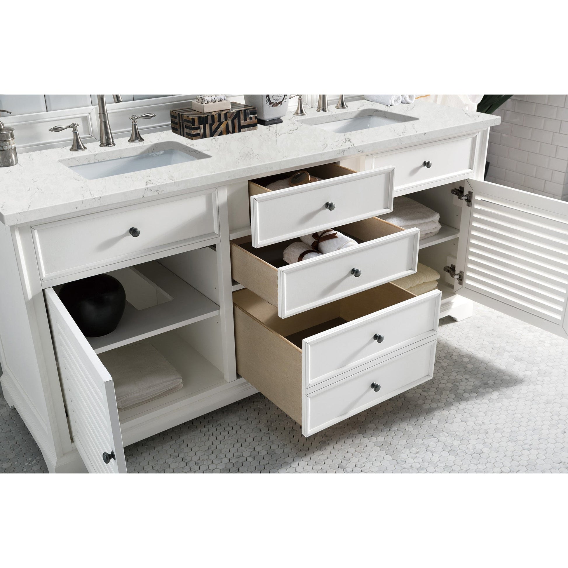 James Martin Vanities Savannah 72" Bright White Double Vanity Cabinet With 3cm Eternal Jasmine Pearl Quartz Top