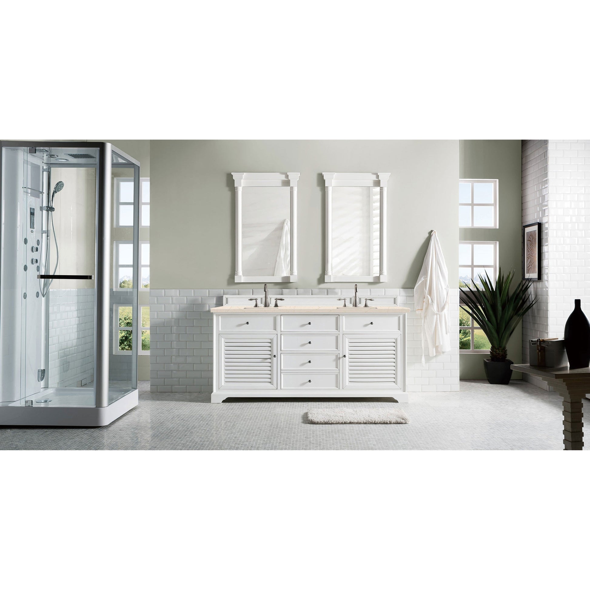 James Martin Vanities Savannah 72" Bright White Double Vanity Cabinet With 3cm Eternal Marfil Quartz Top