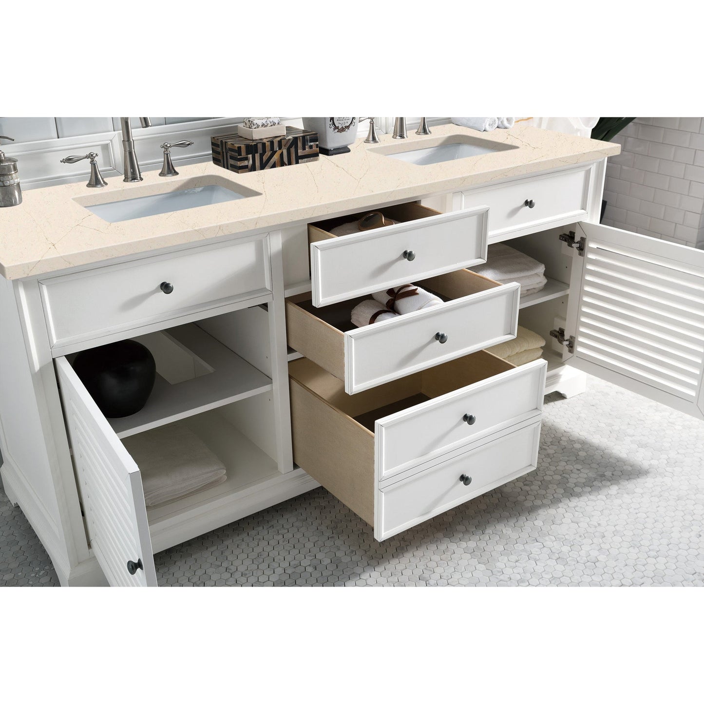 James Martin Vanities Savannah 72" Bright White Double Vanity Cabinet With 3cm Eternal Marfil Quartz Top