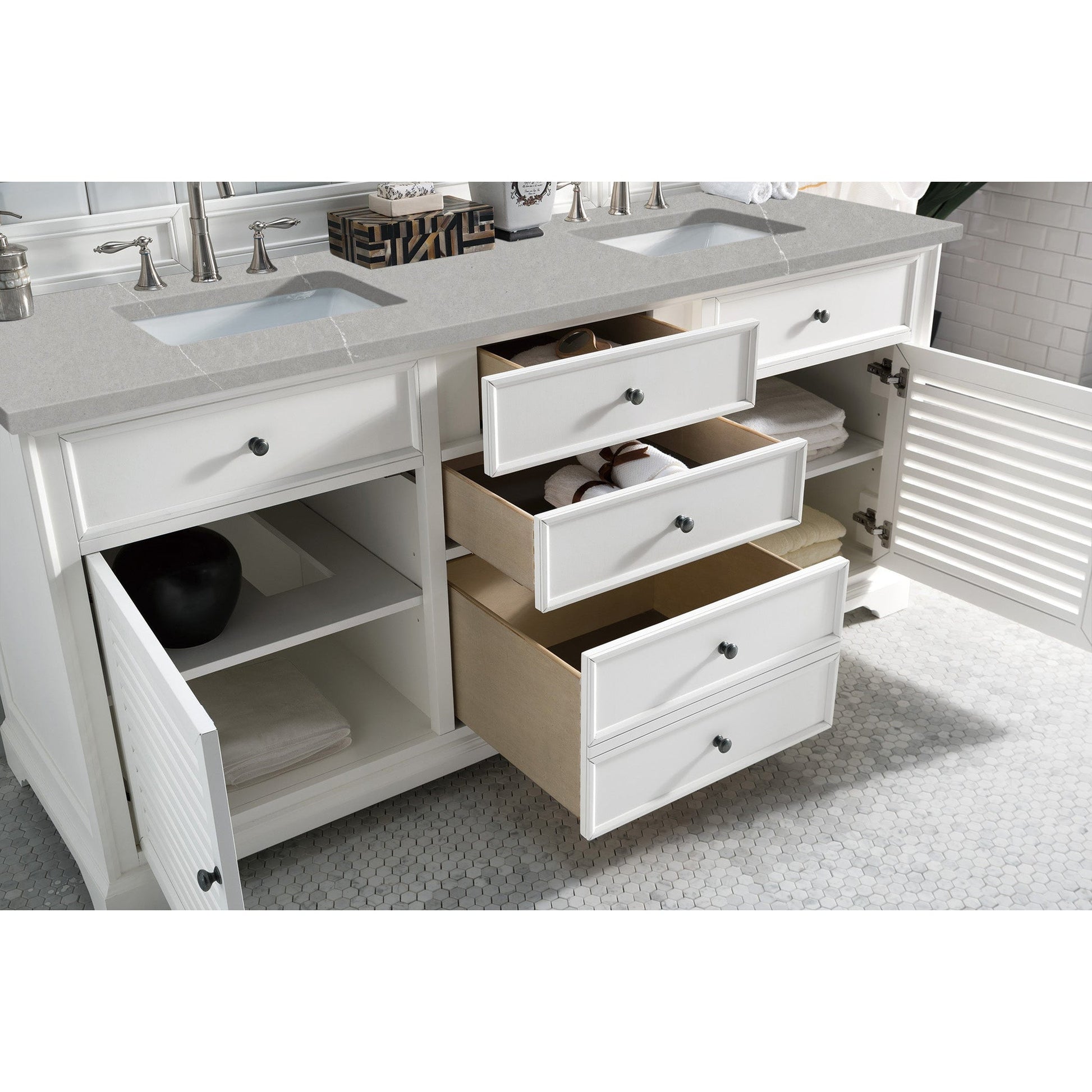 James Martin Vanities Savannah 72" Bright White Double Vanity Cabinet With 3cm Eternal Serena Quartz Top