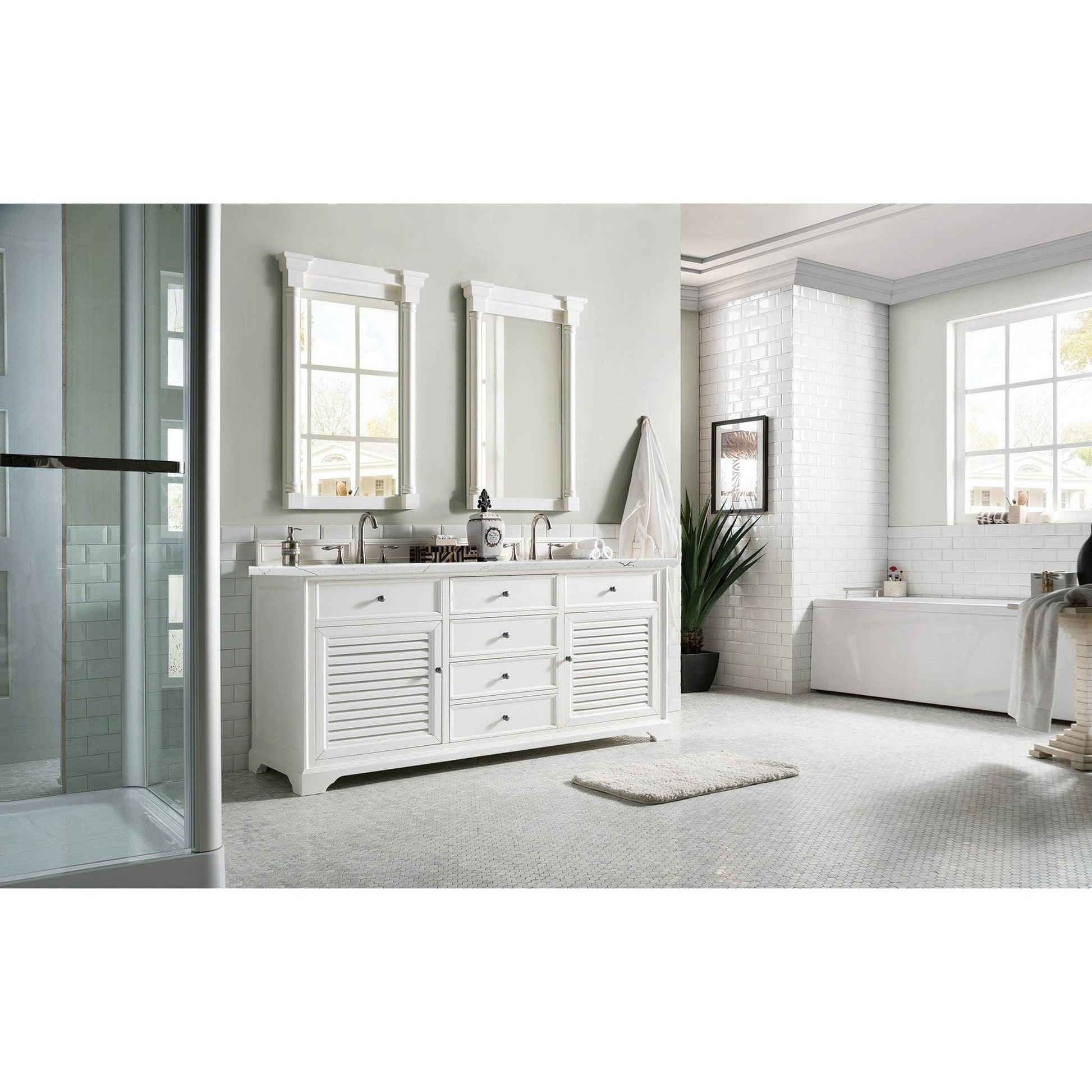 James Martin Vanities Savannah 72" Bright White Double Vanity Cabinet With 3cm Ethereal Noctis Quartz Top