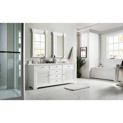 James Martin Vanities Savannah 72" Bright White Double Vanity Cabinet With 3cm Ethereal Noctis Quartz Top