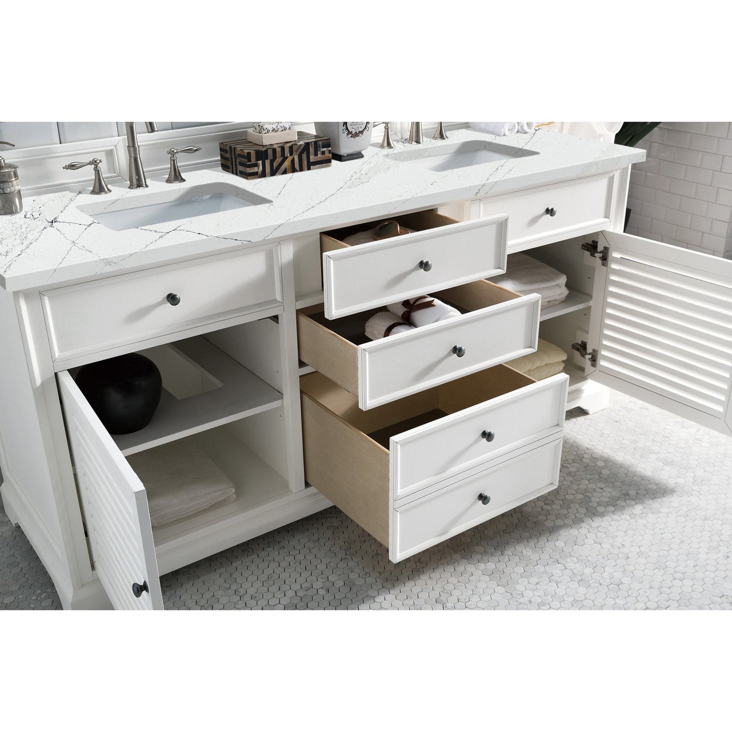 James Martin Vanities Savannah 72" Bright White Double Vanity Cabinet With 3cm Ethereal Noctis Quartz Top