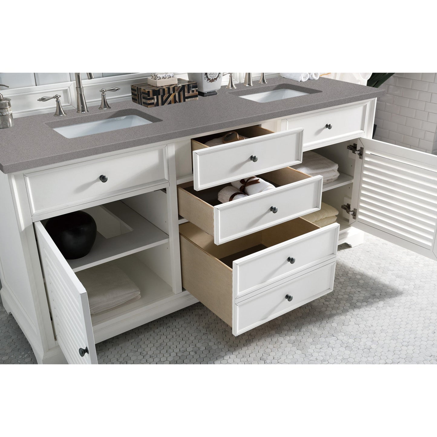 James Martin Vanities Savannah 72" Bright White Double Vanity Cabinet With 3cm Grey Expo Quartz Top