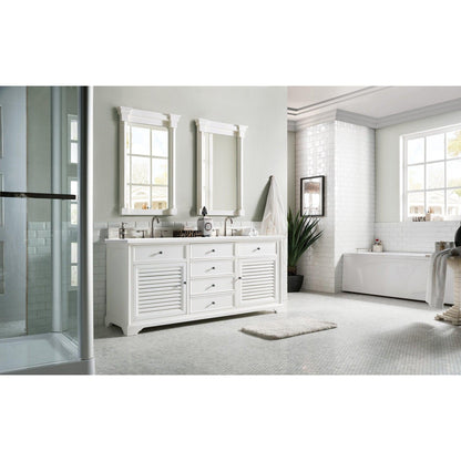 James Martin Vanities Savannah 72" Bright White Double Vanity Cabinet With 3cm White Zeus Quartz Top