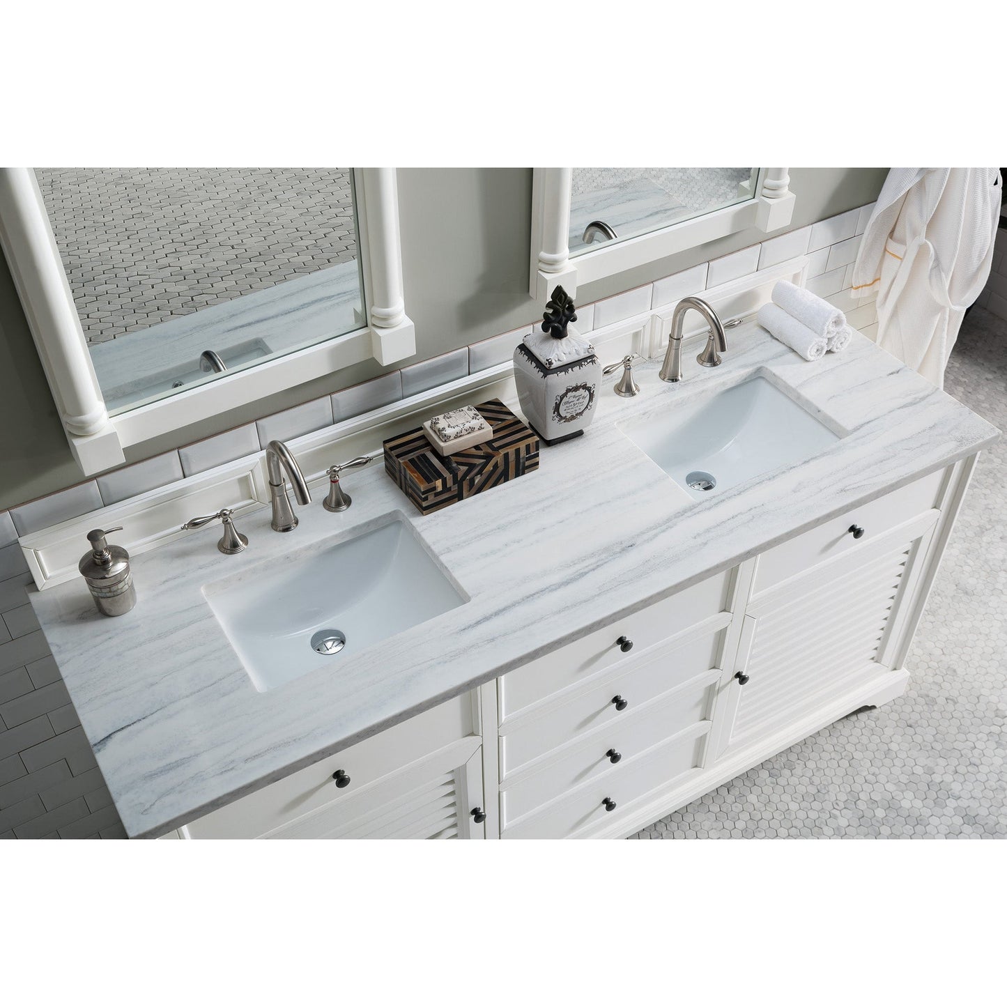 James Martin Vanities Savannah 72" Bright White Double Vanity With 3cm Arctic Fall Solid Surface Top