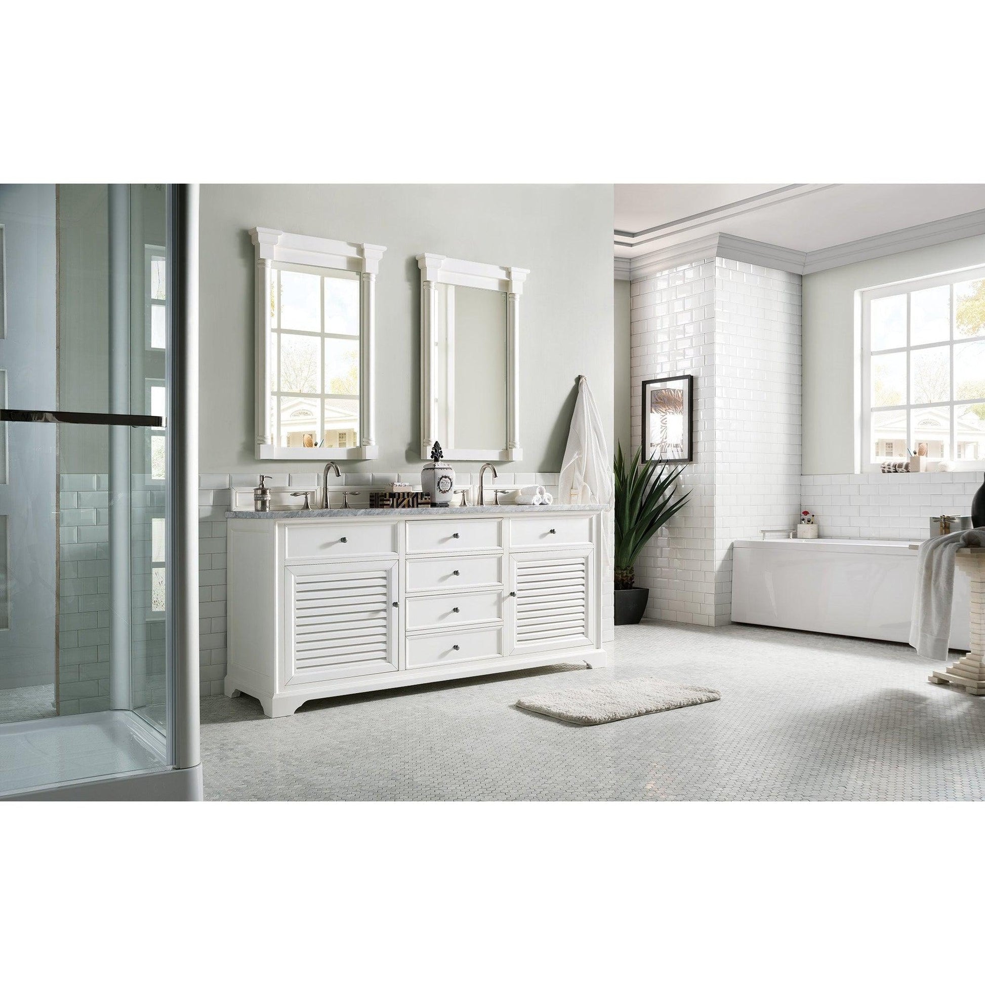 James Martin Vanities Savannah 72" Bright White Double Vanity With 3cm Carrara Marble Top