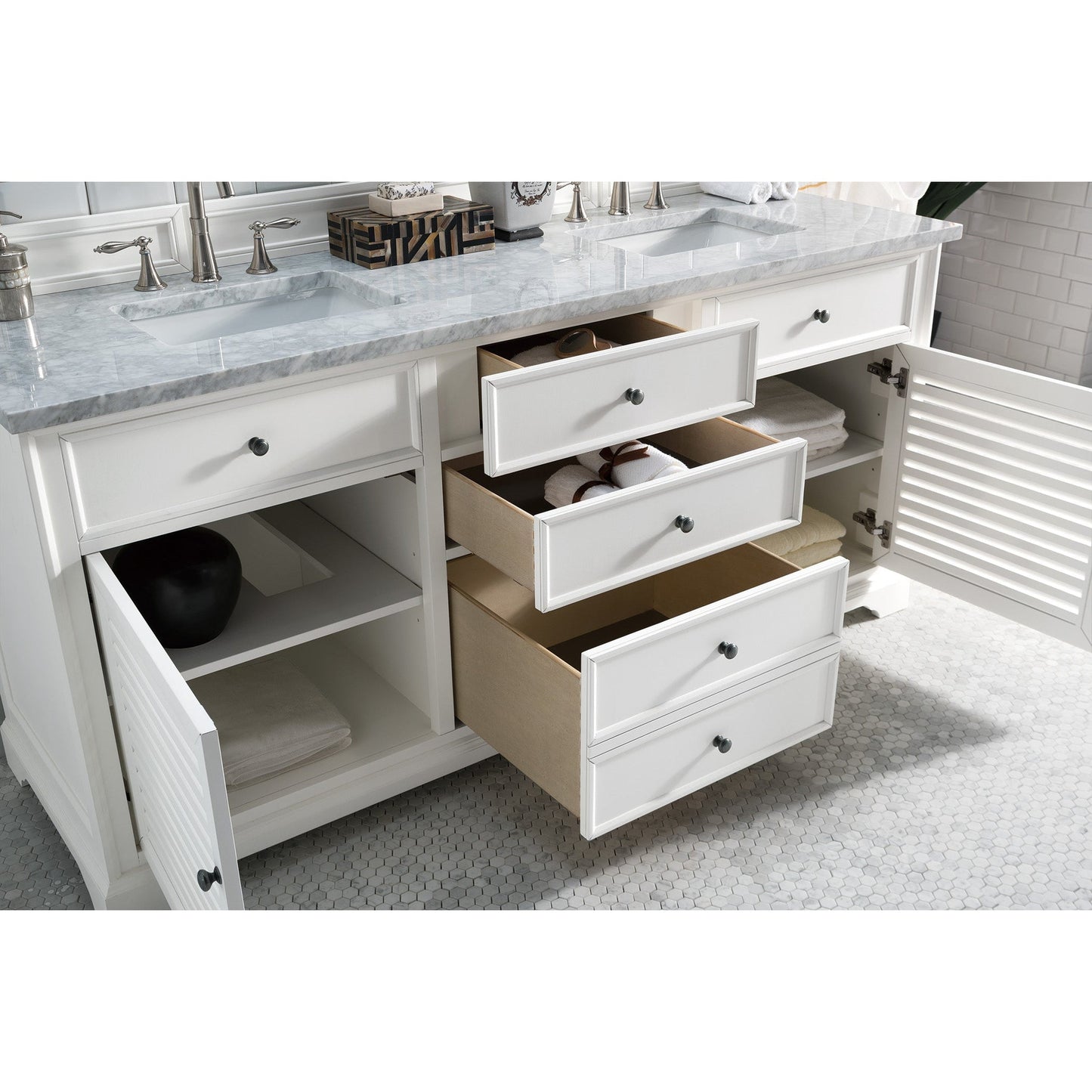 James Martin Vanities Savannah 72" Bright White Double Vanity With 3cm Carrara Marble Top