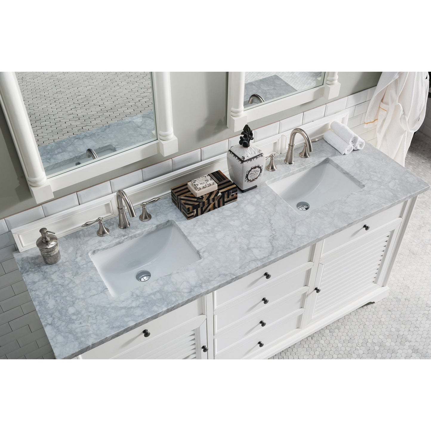 James Martin Vanities Savannah 72" Bright White Double Vanity With 3cm Carrara Marble Top