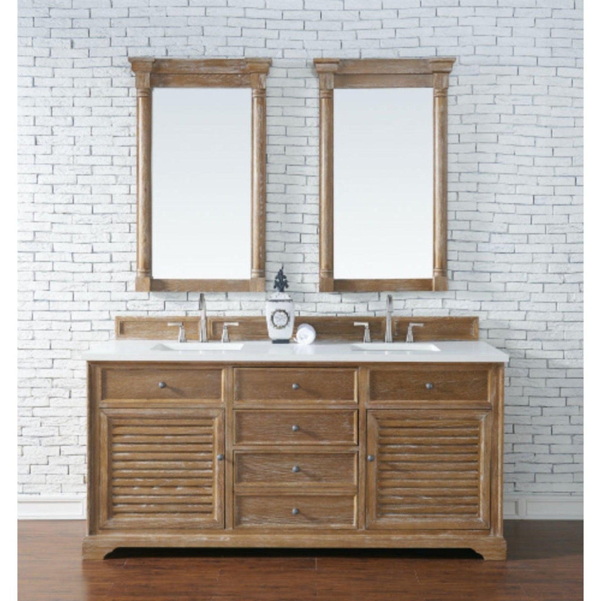 James Martin Vanities Savannah 72" Driftwood Double Vanity Cabinet With 3cm White Zeus Quartz Top