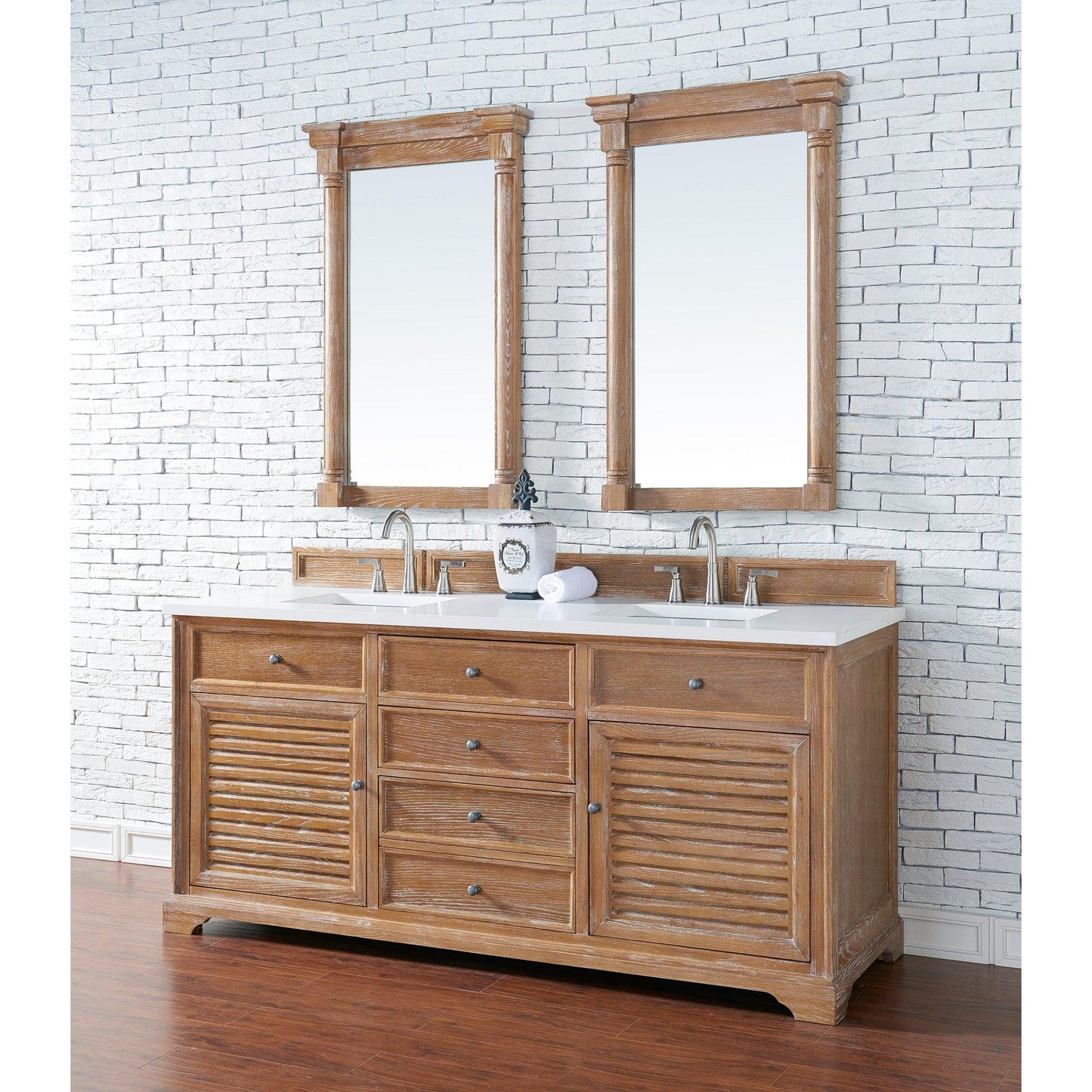 James Martin Vanities Savannah 72" Driftwood Double Vanity Cabinet With 3cm White Zeus Quartz Top