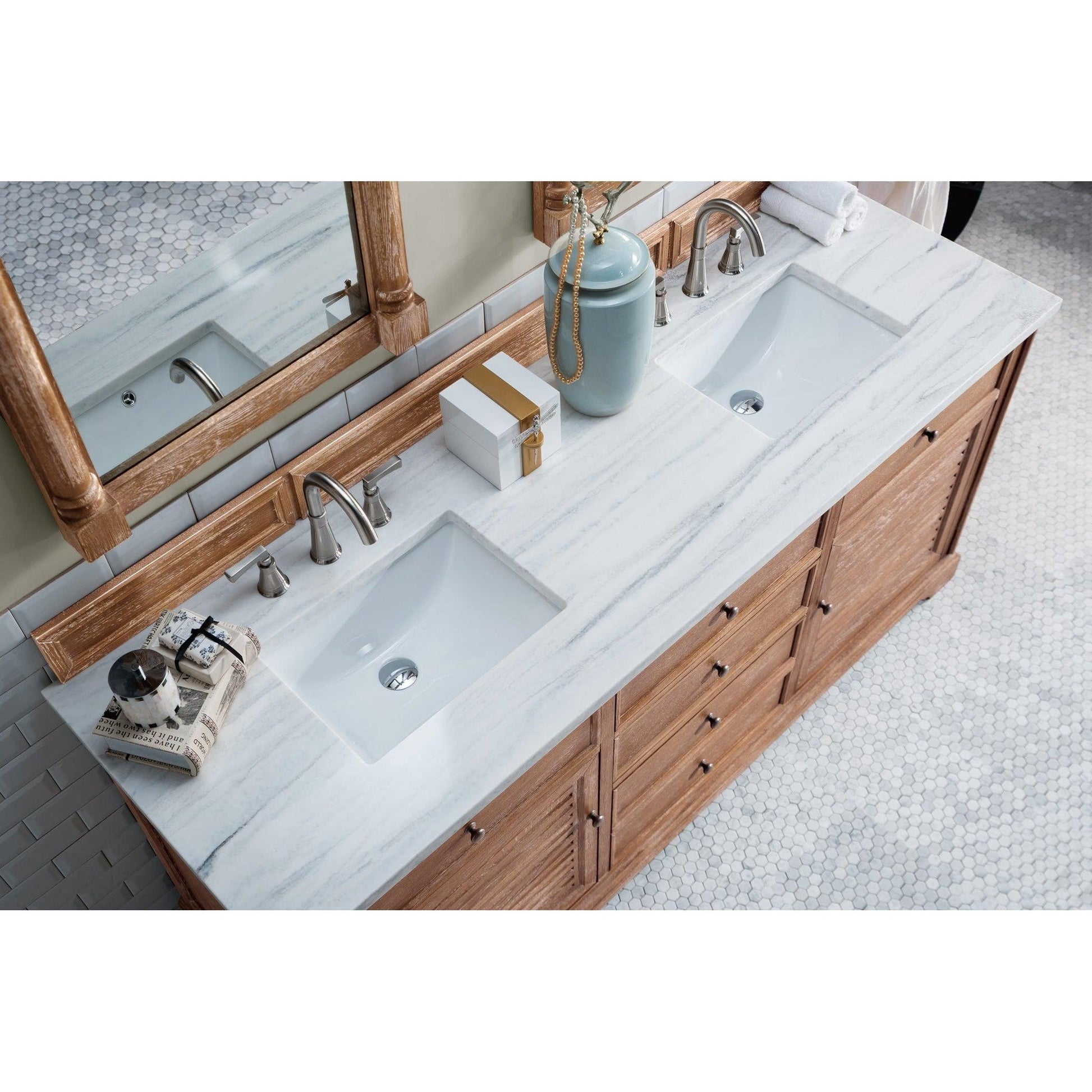 James Martin Vanities Savannah 72" Driftwood Double Vanity With 3cm Arctic Fall Solid Surface Top