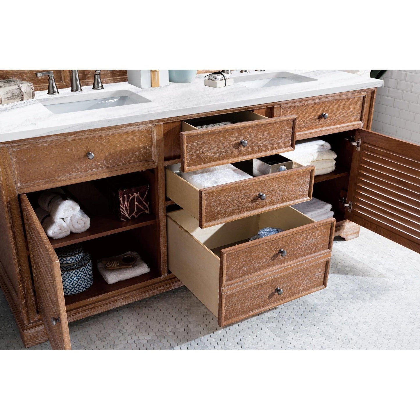 James Martin Vanities Savannah 72" Driftwood Double Vanity With 3cm Arctic Fall Solid Surface Top