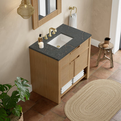 James Martin Vanities Solene 36" Seaside Oak Single Vanity With 3cm Parisien Bleu Quartz Top
