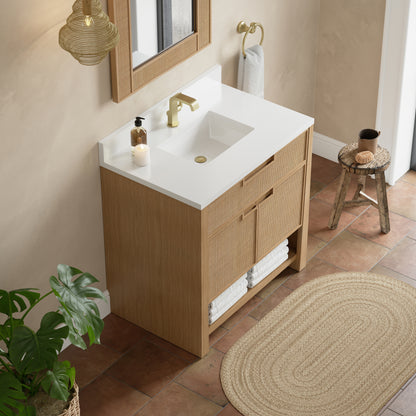 James Martin Vanities Solene 36" Seaside Oak Single Vanity With Single Hole 3cm White Zeus Quartz Top and Backsplash