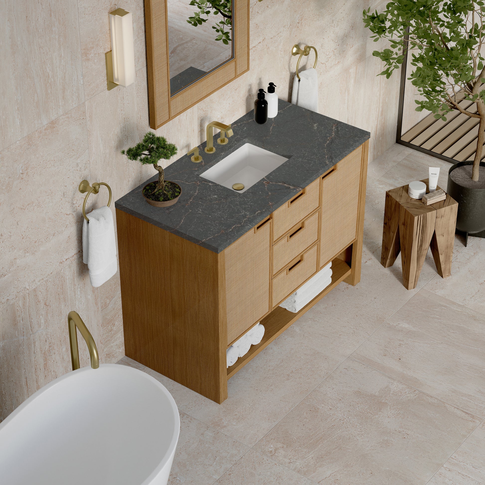 James Martin Vanities Solene 48" Seaside Oak Single Vanity With 3cm Parisien Bleu Silestone Top With FreePower Wireless Charger