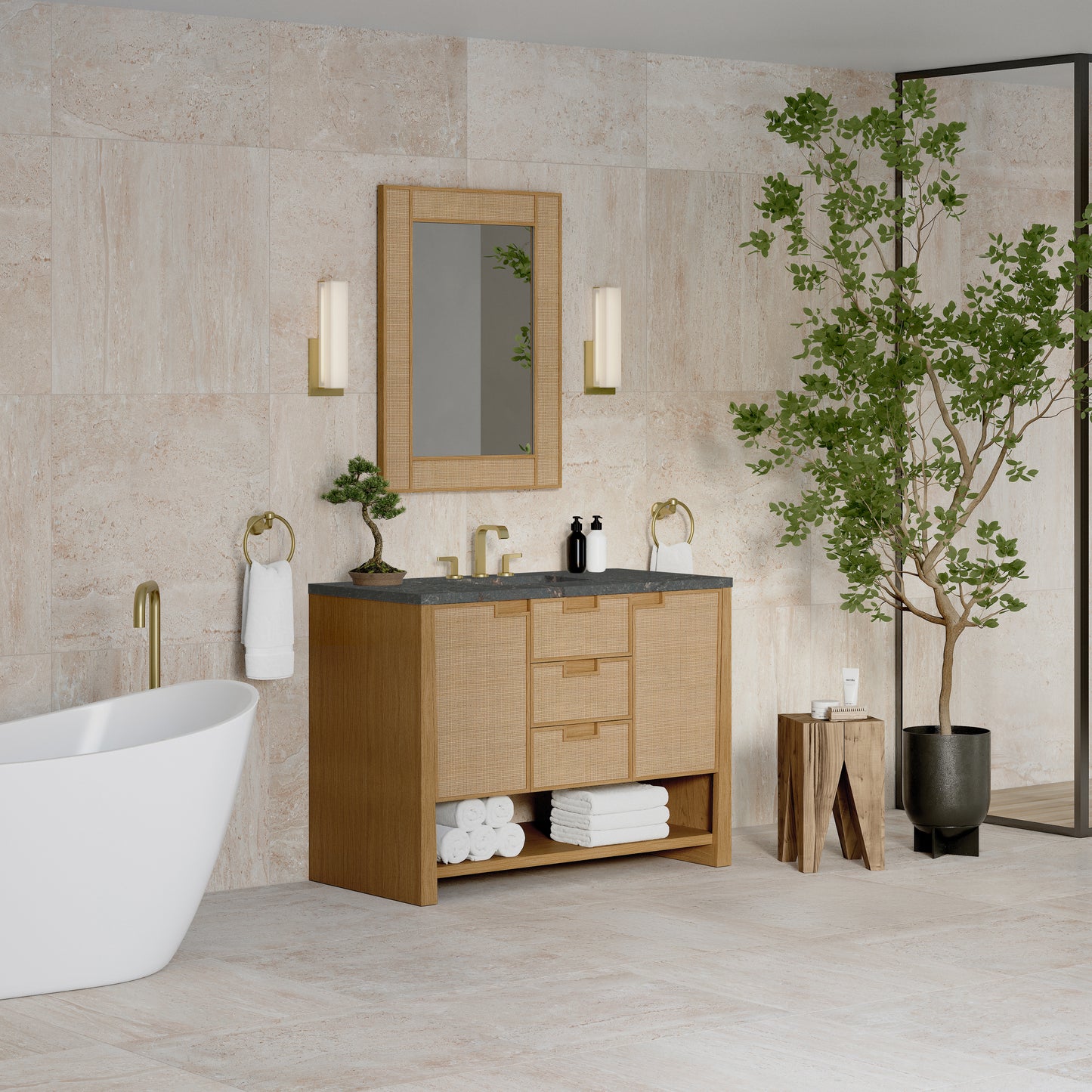 James Martin Vanities Solene 48" Seaside Oak Single Vanity With 3cm Parisien Bleu Silestone Top With FreePower Wireless Charger