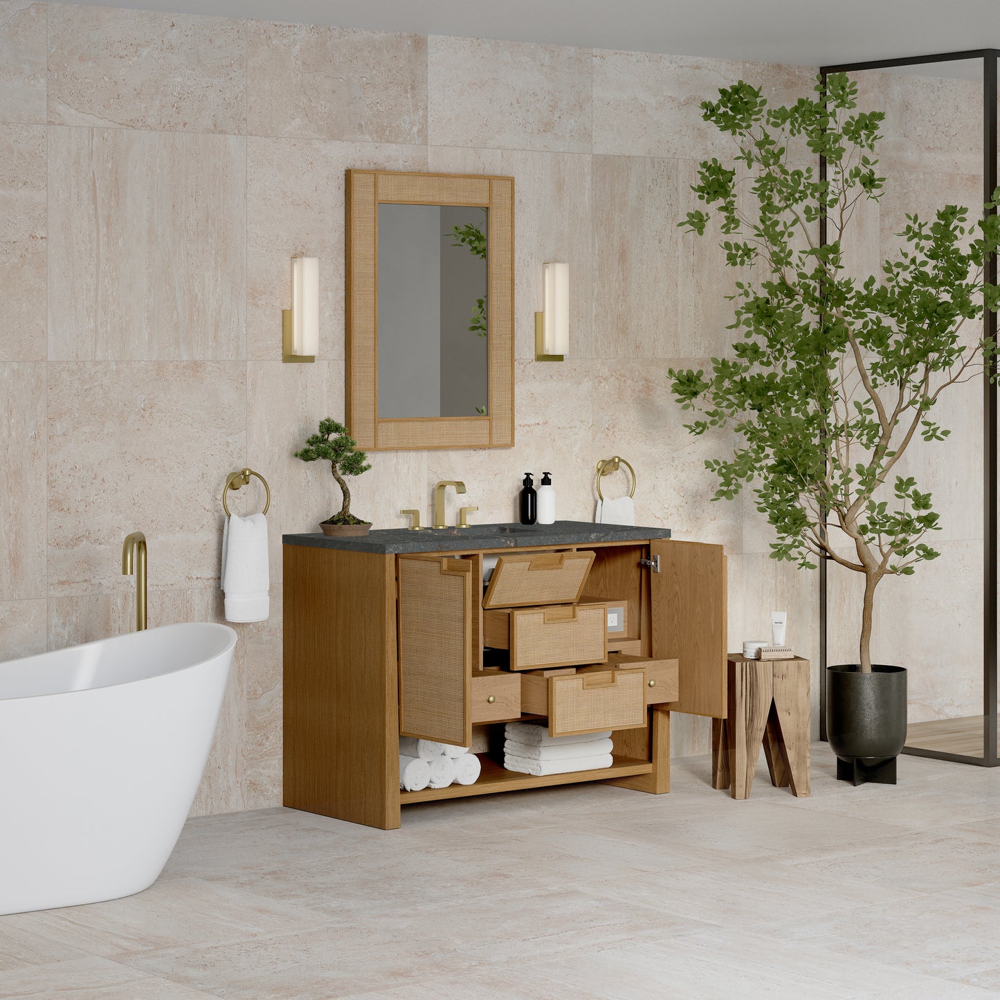 James Martin Vanities Solene 48" Seaside Oak Single Vanity With 3cm Parisien Bleu Silestone Top With FreePower Wireless Charger