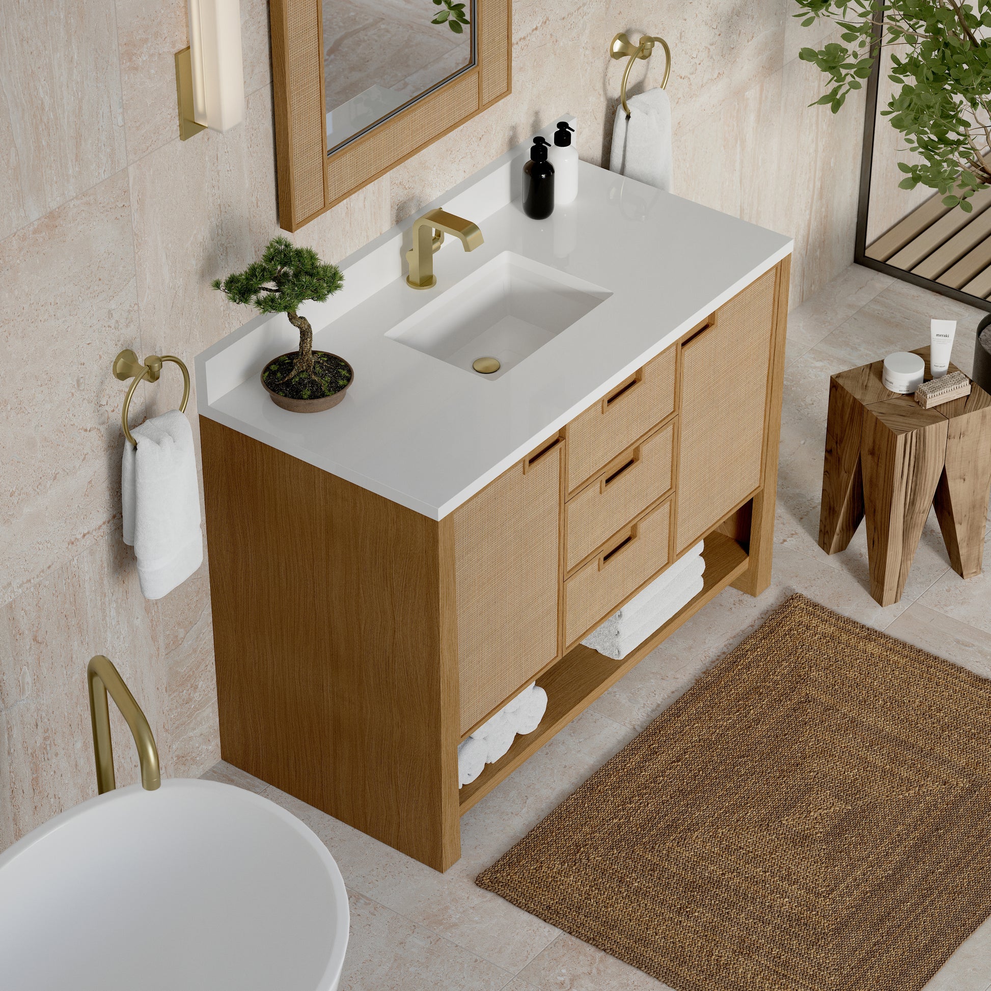 James Martin Vanities Solene 48" Seaside Oak Single Vanity With Single Hole 3cm White Zeus Quartz Top and Backsplash
