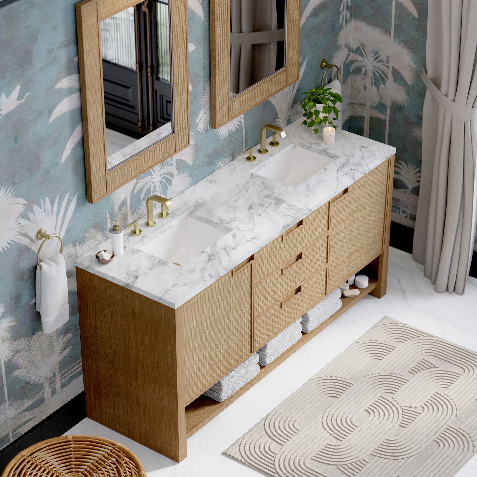 James Martin Vanities Solene 72" Seaside Oak Double Vanity With 3cm Carrara Marble Top