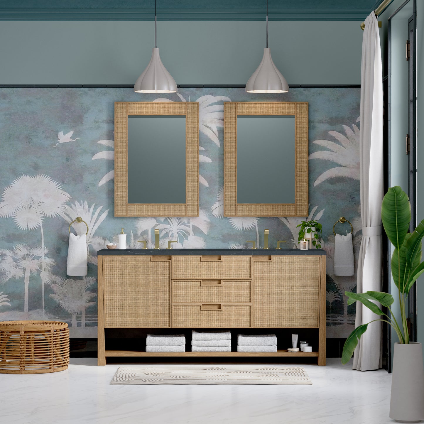 James Martin Vanities Solene 72" Seaside Oak Double Vanity With 3cm Charcoal Soapstone Quartz Top