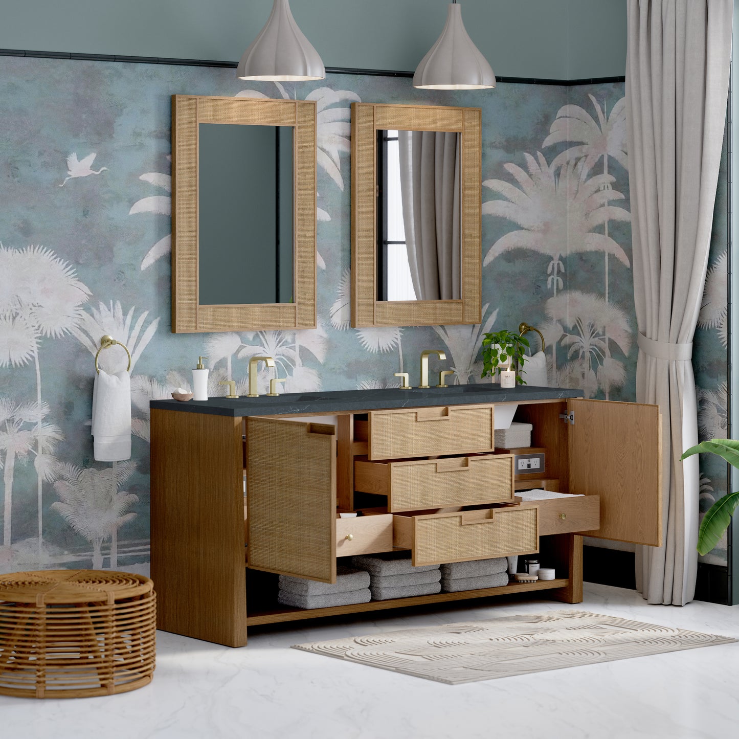 James Martin Vanities Solene 72" Seaside Oak Double Vanity With 3cm Charcoal Soapstone Quartz Top