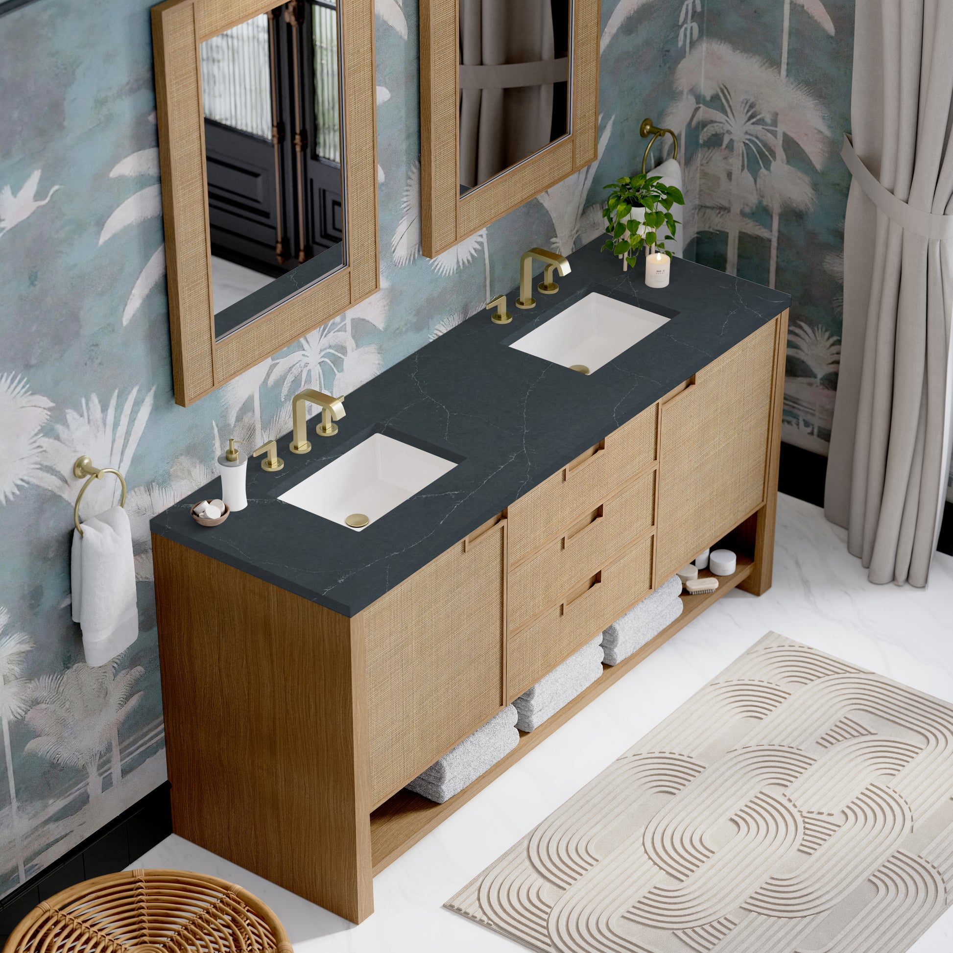 James Martin Vanities Solene 72" Seaside Oak Double Vanity With 3cm Charcoal Soapstone Quartz Top