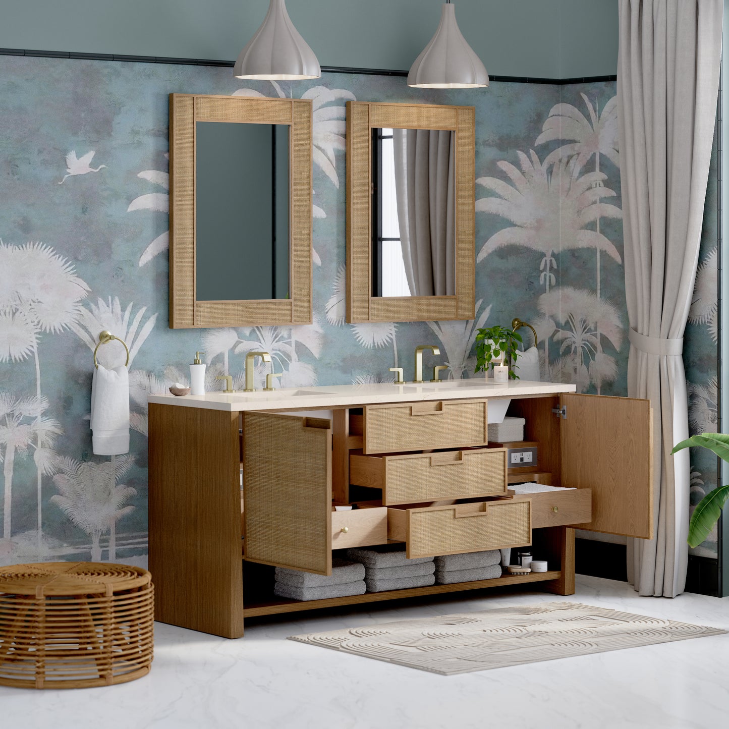 James Martin Vanities Solene 72" Seaside Oak Double Vanity With 3cm Eternal Marfil Quartz Top