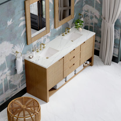 James Martin Vanities Solene 72" Seaside Oak Double Vanity With 3cm Ethereal Noctis Silestone Top With FreePower Wireless Charger