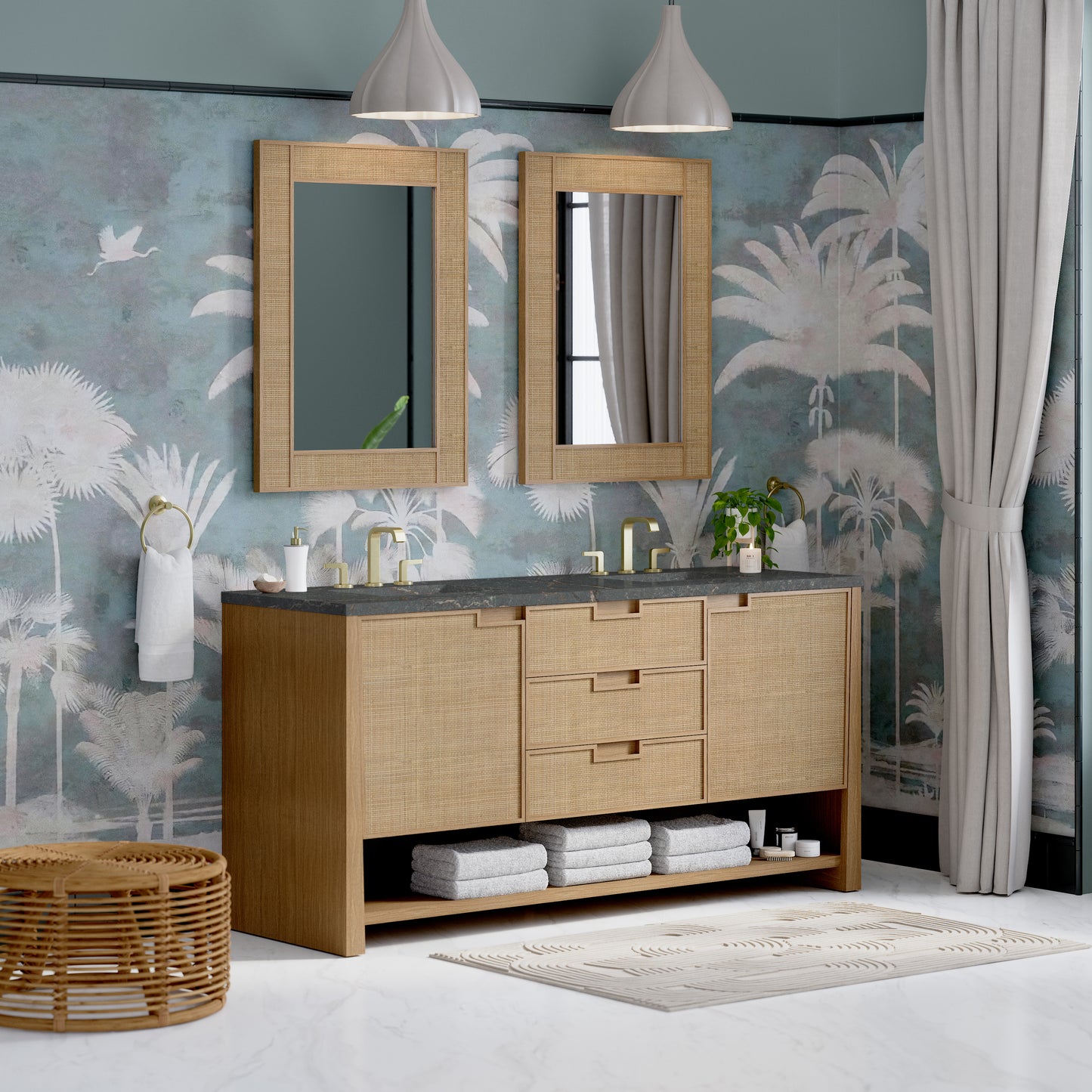 James Martin Vanities Solene 72" Seaside Oak Double Vanity With 3cm Parisien Bleu Quartz Top