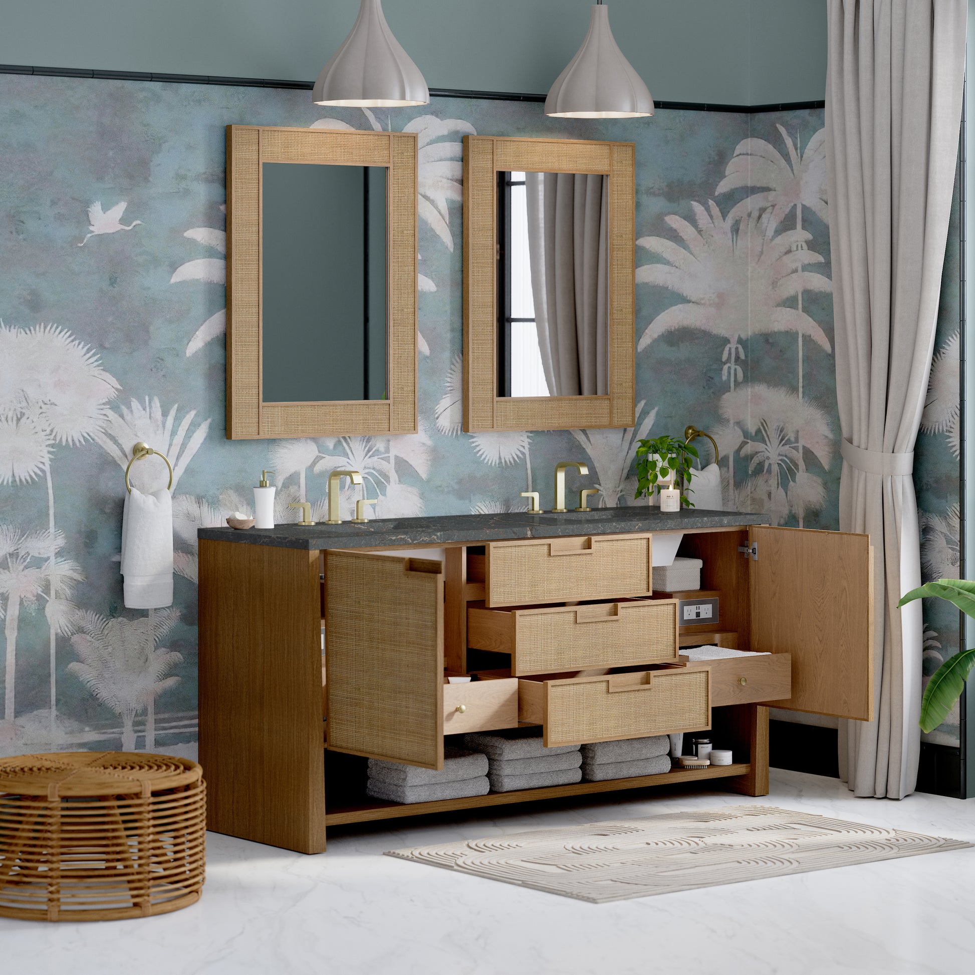 James Martin Vanities Solene 72" Seaside Oak Double Vanity With 3cm Parisien Bleu Quartz Top