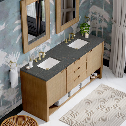 James Martin Vanities Solene 72" Seaside Oak Double Vanity With 3cm Parisien Bleu Quartz Top