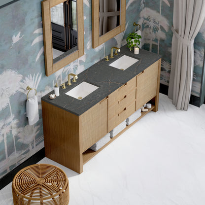 James Martin Vanities Solene 72" Seaside Oak Double Vanity With 3cm Parisien Bleu Silestone Top With FreePower Wireless Charger