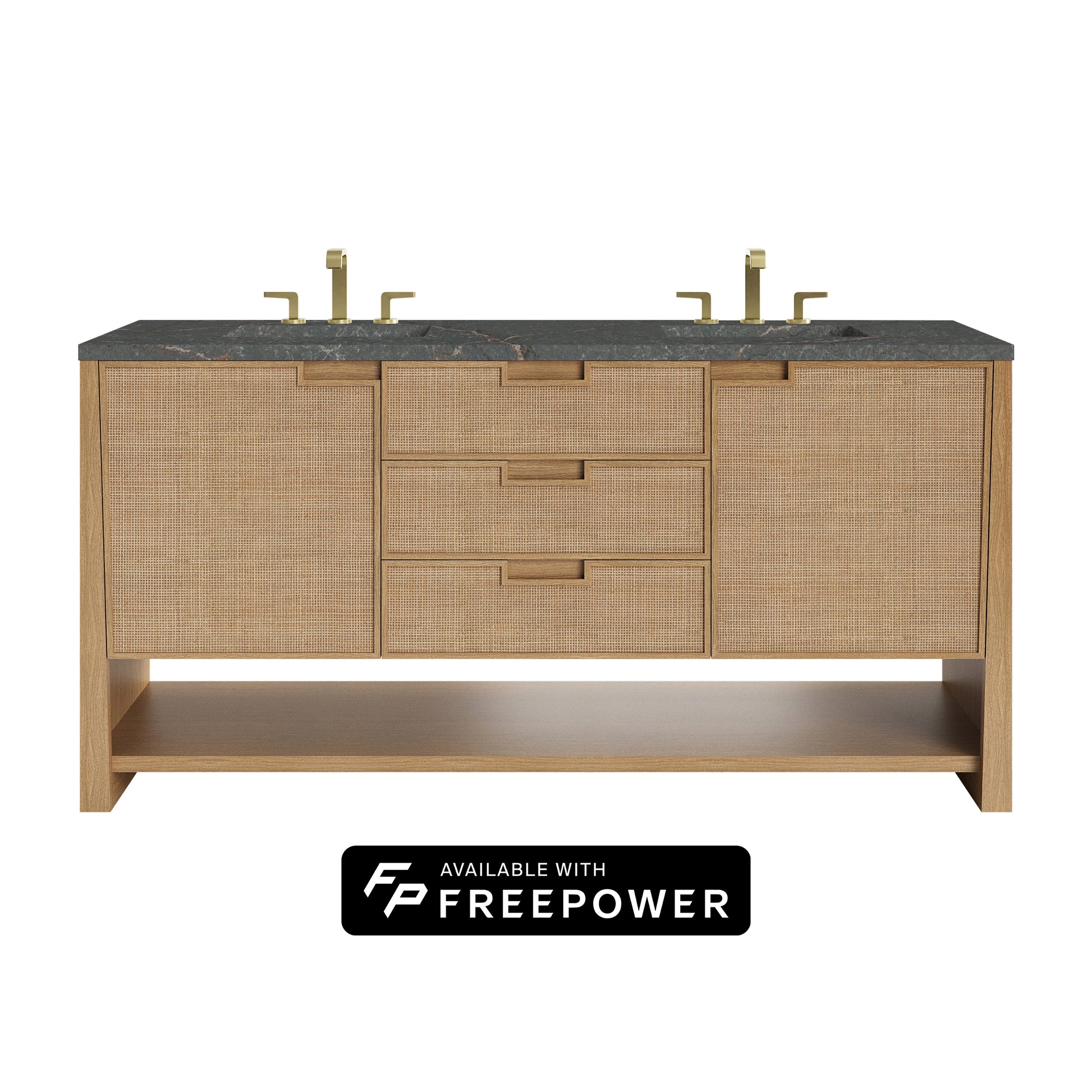 James Martin Vanities Solene 72" Seaside Oak Double Vanity With 3cm Parisien Bleu Silestone Top With FreePower Wireless Charger