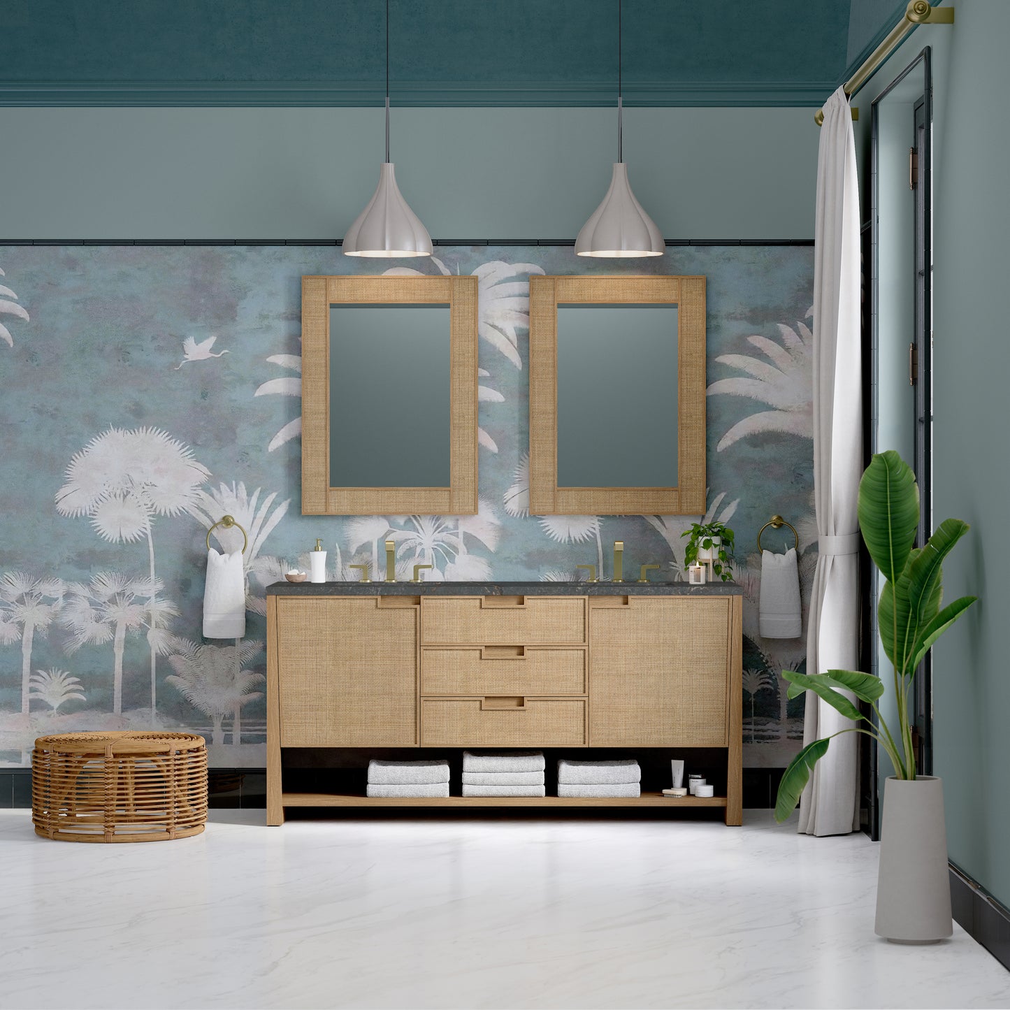 James Martin Vanities Solene 72" Seaside Oak Double Vanity With 3cm Parisien Bleu Silestone Top With FreePower Wireless Charger