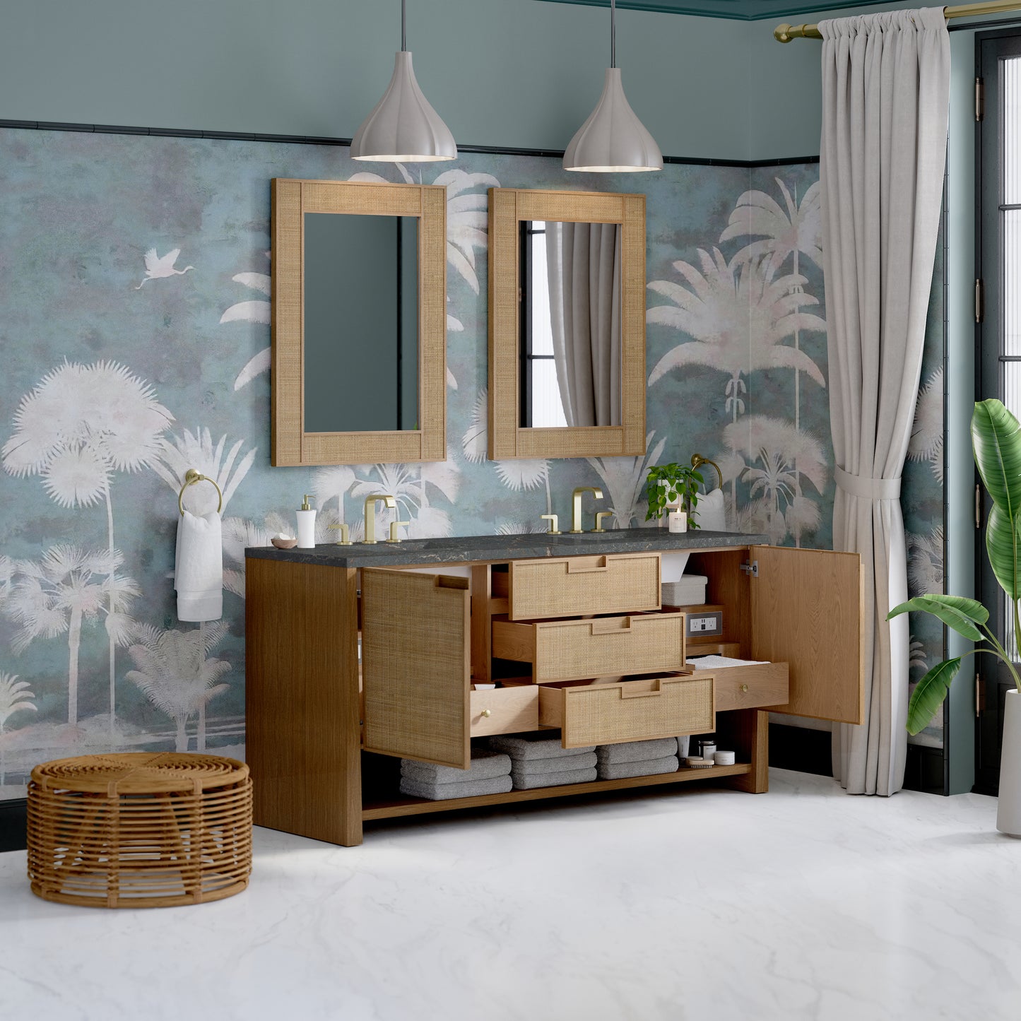 James Martin Vanities Solene 72" Seaside Oak Double Vanity With 3cm Parisien Bleu Silestone Top With FreePower Wireless Charger