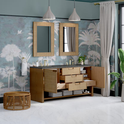 James Martin Vanities Solene 72" Seaside Oak Double Vanity With 3cm Parisien Bleu Silestone Top With FreePower Wireless Charger