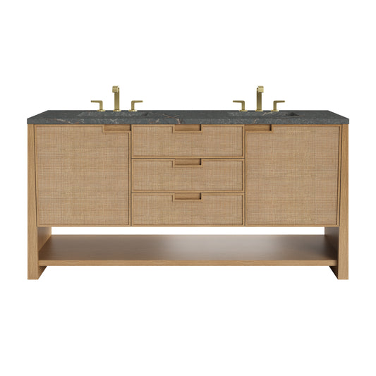 James Martin Vanities Solene 72" Seaside Oak Double Vanity With 3cm Parisien Bleu Silestone Top With FreePower Wireless Charger