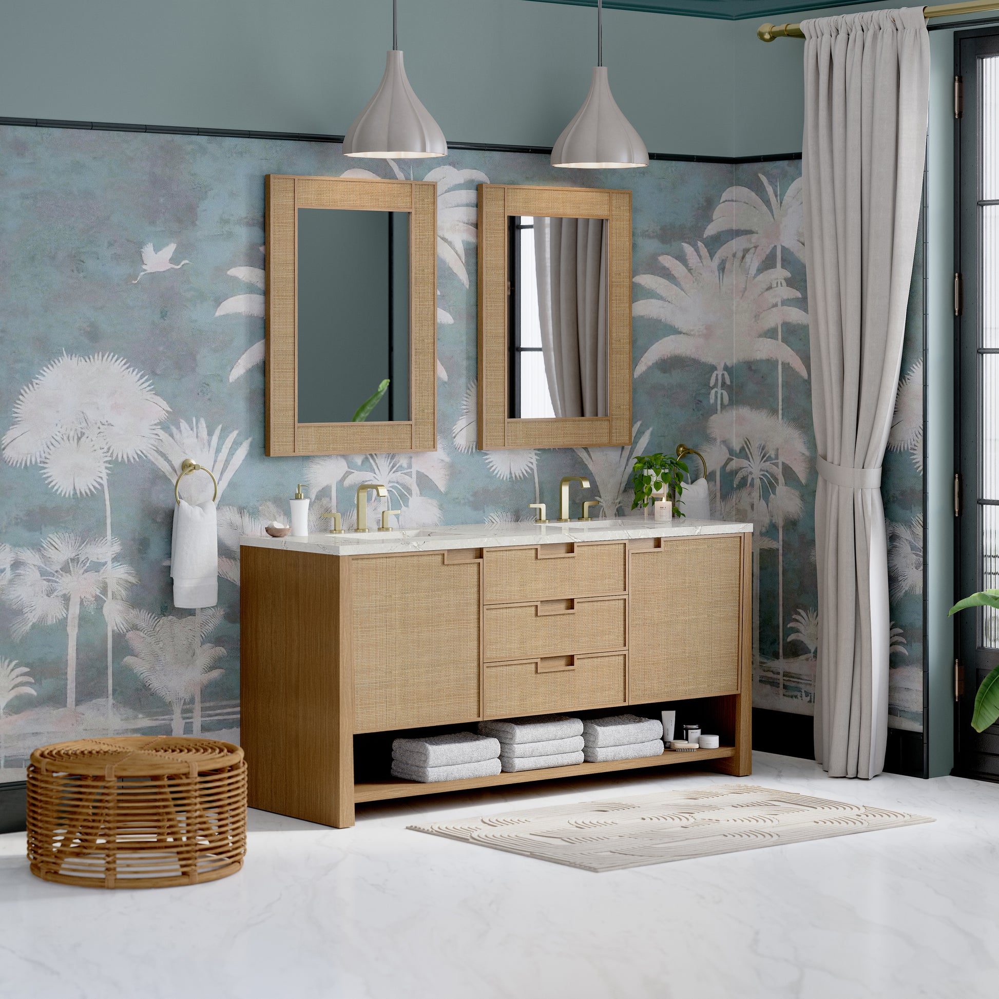 James Martin Vanities Solene 72" Seaside Oak Double Vanity With 3cm Victorian Silver Quartz Top