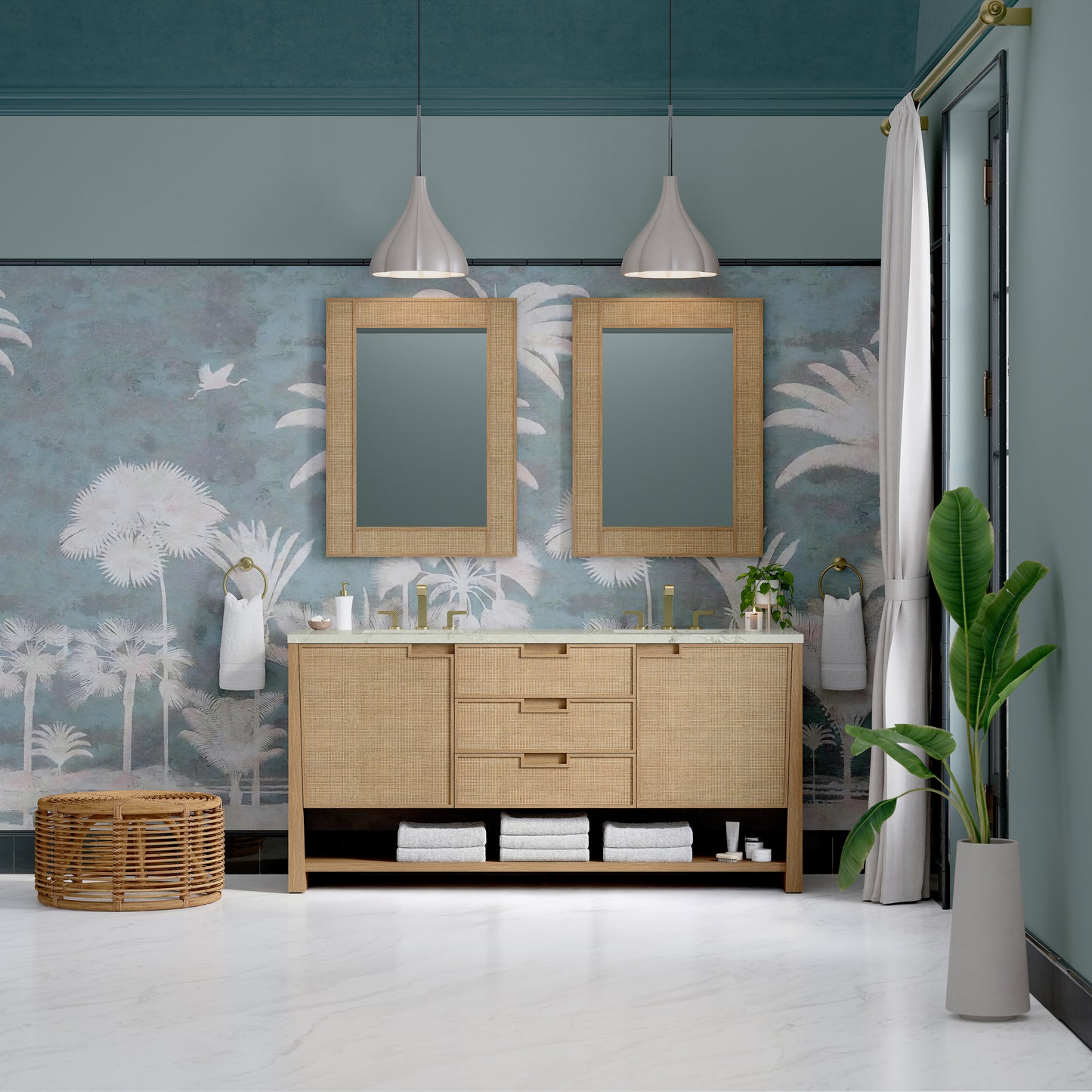 James Martin Vanities Solene 72" Seaside Oak Double Vanity With 3cm Victorian Silver Silestone Top With FreePower Wireless Charger