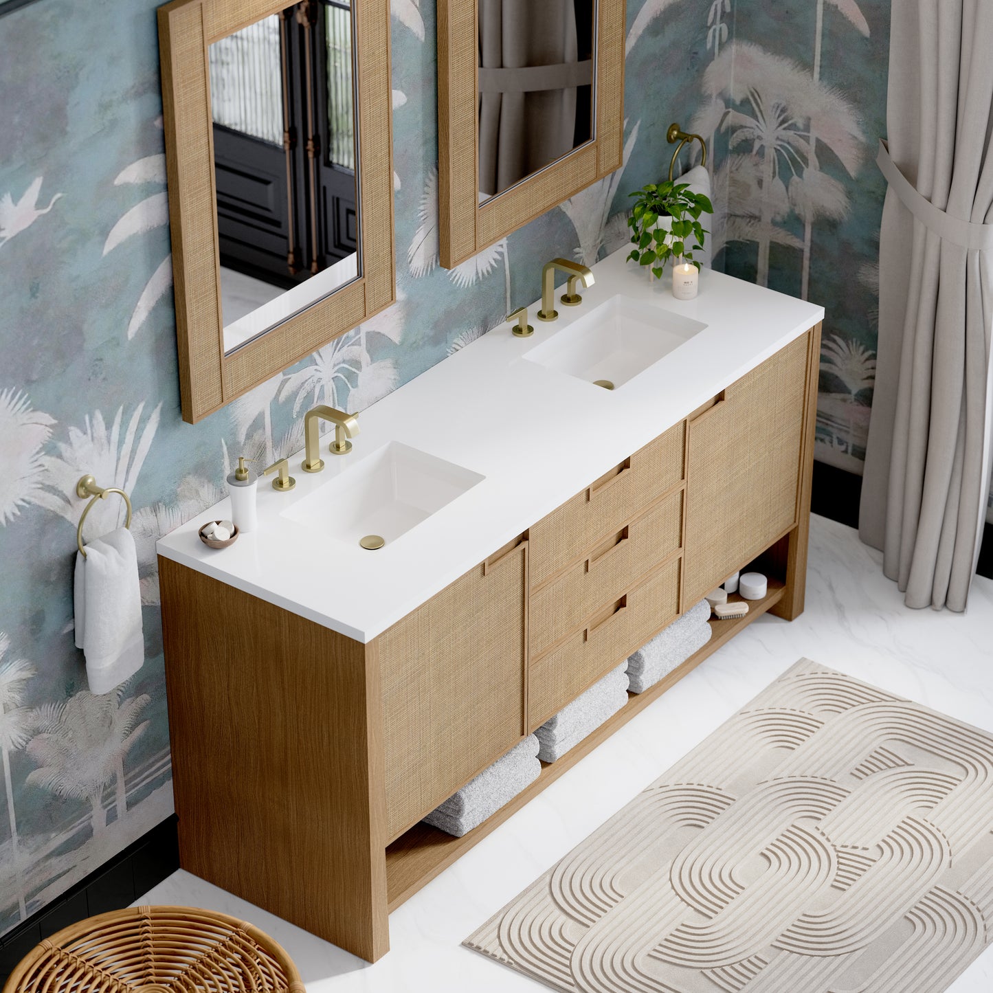 James Martin Vanities Solene 72" Seaside Oak Double Vanity With 3cm White Zeus Quartz Top