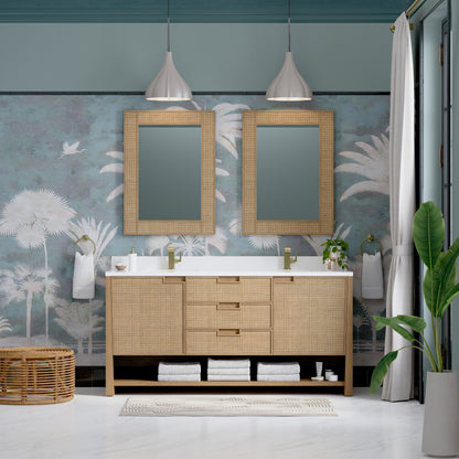 James Martin Vanities Solene 72" Seaside Oak Double Vanity With Single Hole 3cm White Zeus Quartz Top and Backsplash