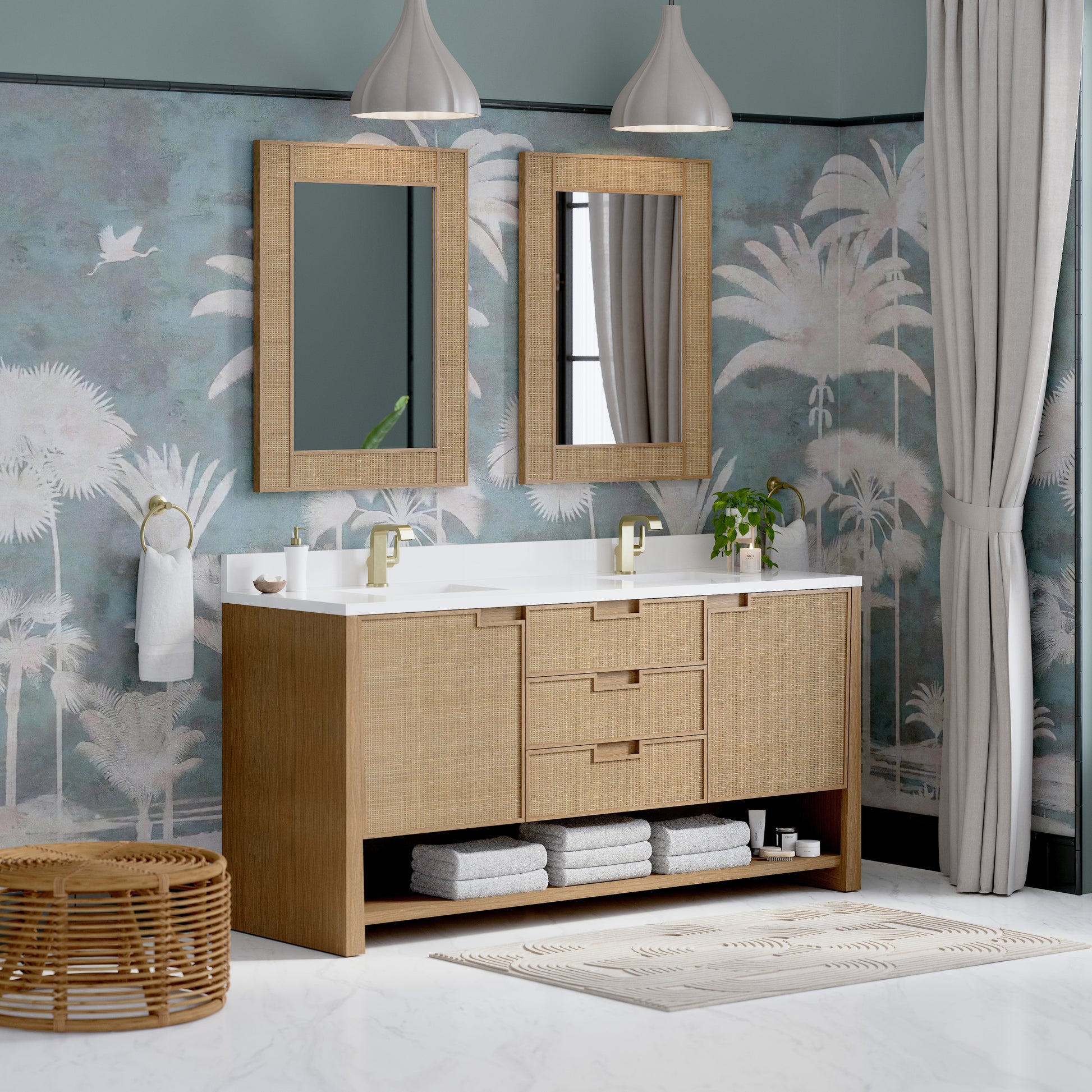 James Martin Vanities Solene 72" Seaside Oak Double Vanity With Single Hole 3cm White Zeus Quartz Top and Backsplash