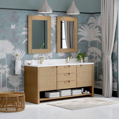 James Martin Vanities Solene 72" Seaside Oak Double Vanity With Single Hole 3cm White Zeus Quartz Top and Backsplash
