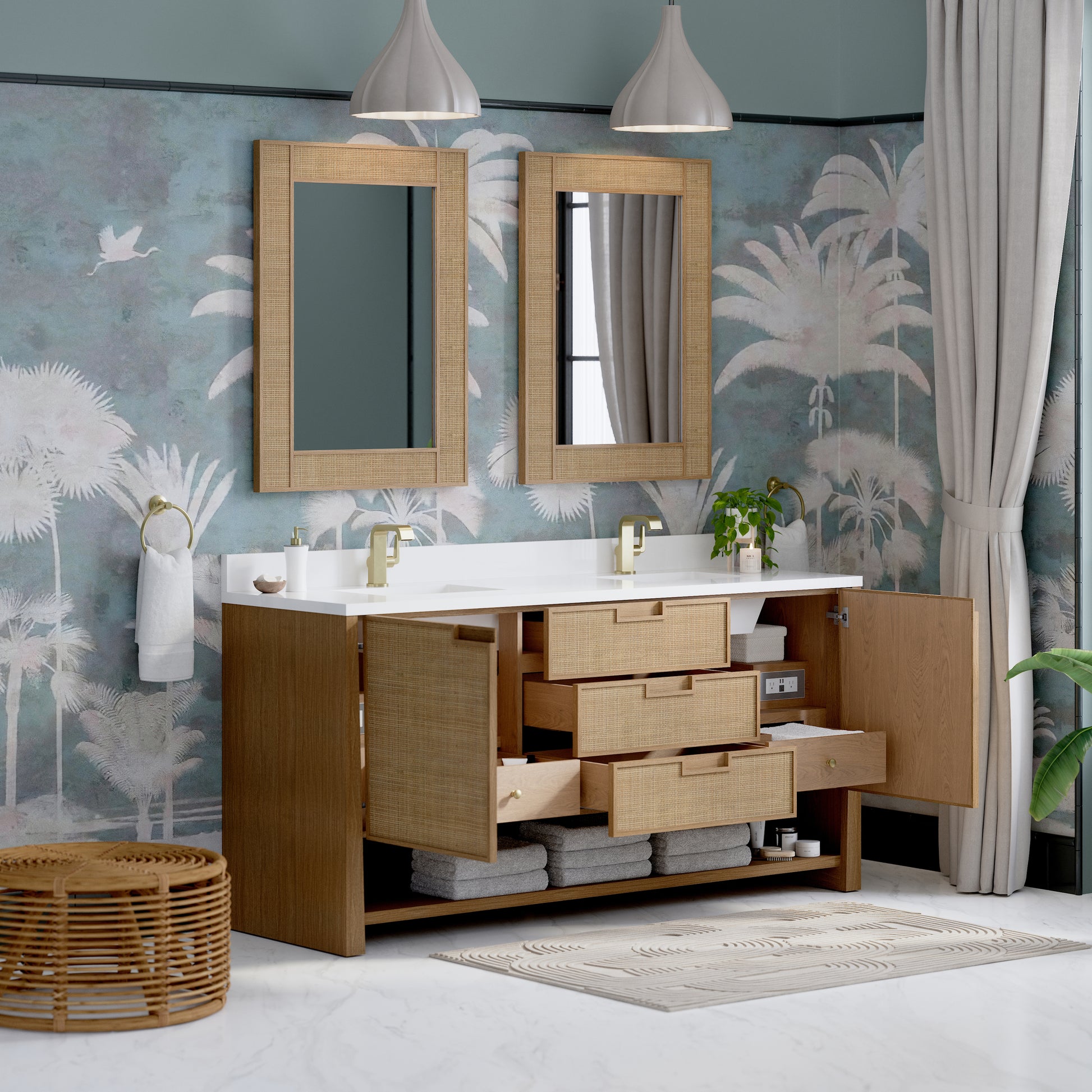 James Martin Vanities Solene 72" Seaside Oak Double Vanity With Single Hole 3cm White Zeus Quartz Top and Backsplash