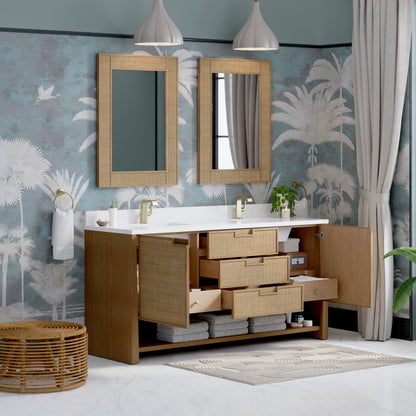 James Martin Vanities Solene 72" Seaside Oak Double Vanity With Single Hole 3cm White Zeus Quartz Top and Backsplash