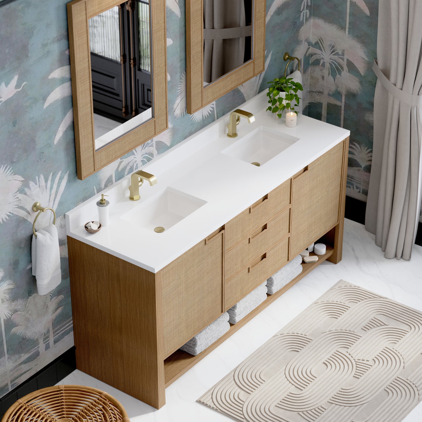 James Martin Vanities Solene 72" Seaside Oak Double Vanity With Single Hole 3cm White Zeus Quartz Top and Backsplash