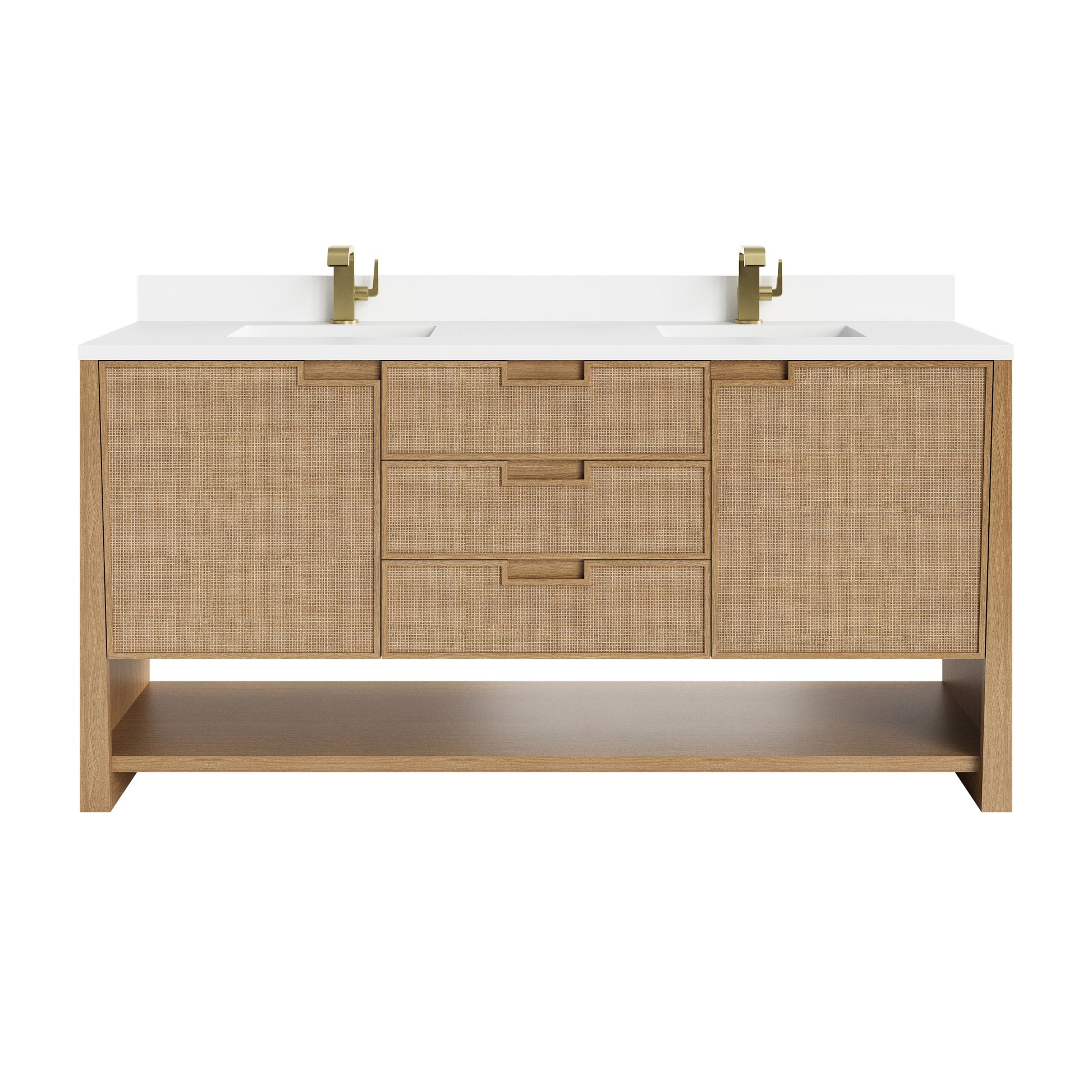 James Martin Vanities Solene 72" Seaside Oak Double Vanity With Single Hole 3cm White Zeus Quartz Top and Backsplash