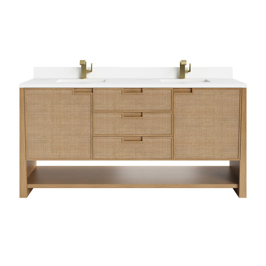 James Martin Vanities Solene 72" Seaside Oak Double Vanity With Single Hole 3cm White Zeus Quartz Top and Backsplash